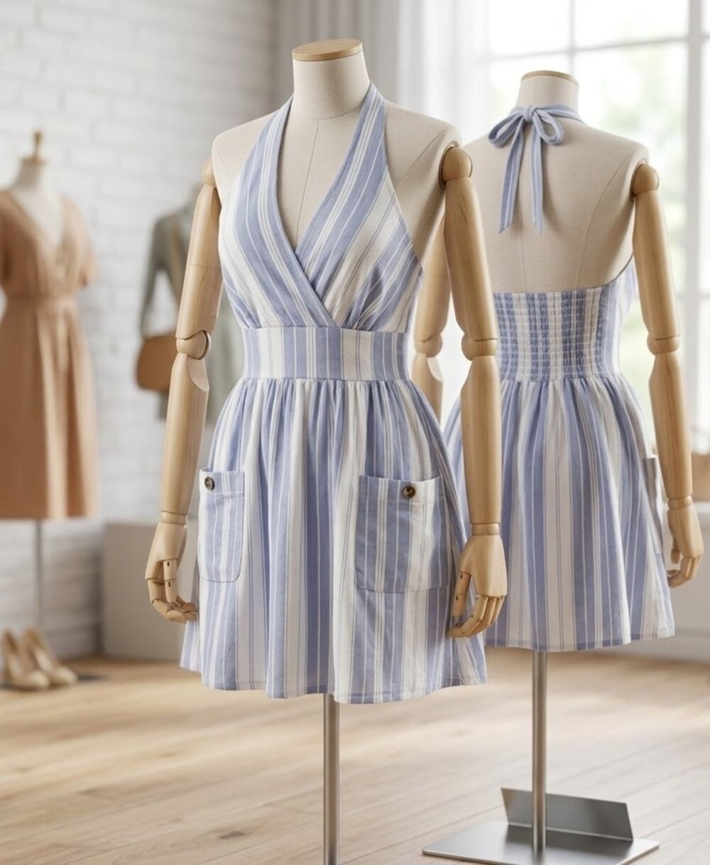 American Eagle Women's Blue White Stripe Smocked Halter Mini Dress with Pockets